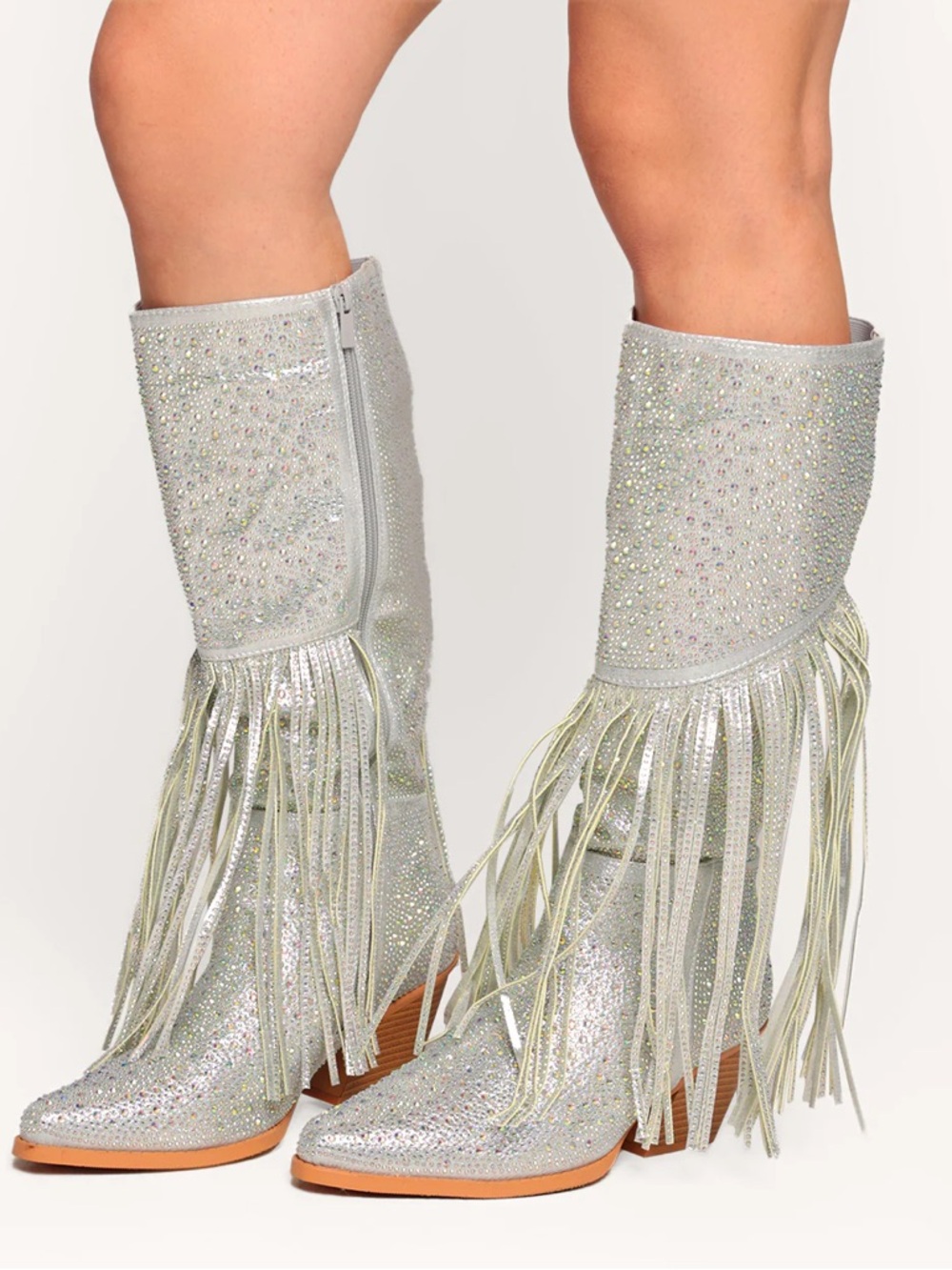 Silver Rhinestone Fringe Knee-High Boots - Women Shoes